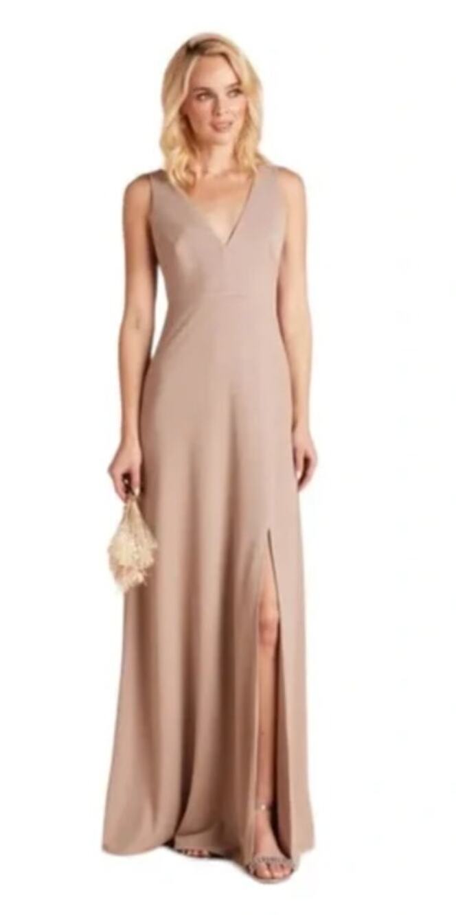 new BIRDY GREY Shamin v neck crepe bridesmaid full length taupe maxi dress